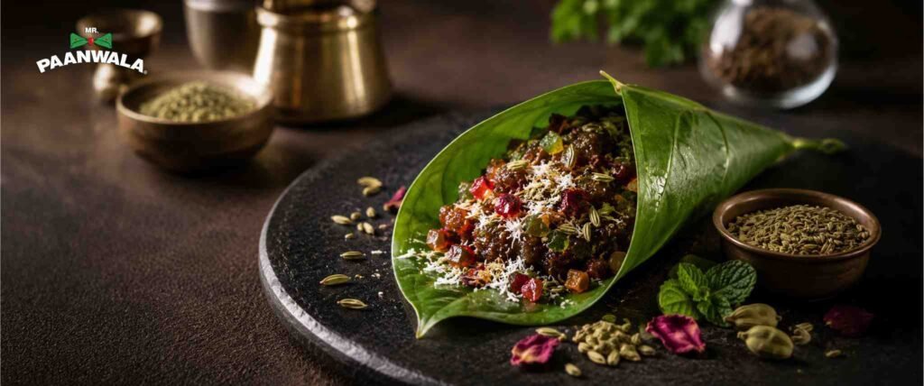 Fresh paan leaf filled with traditional ingredients and digestive spices.