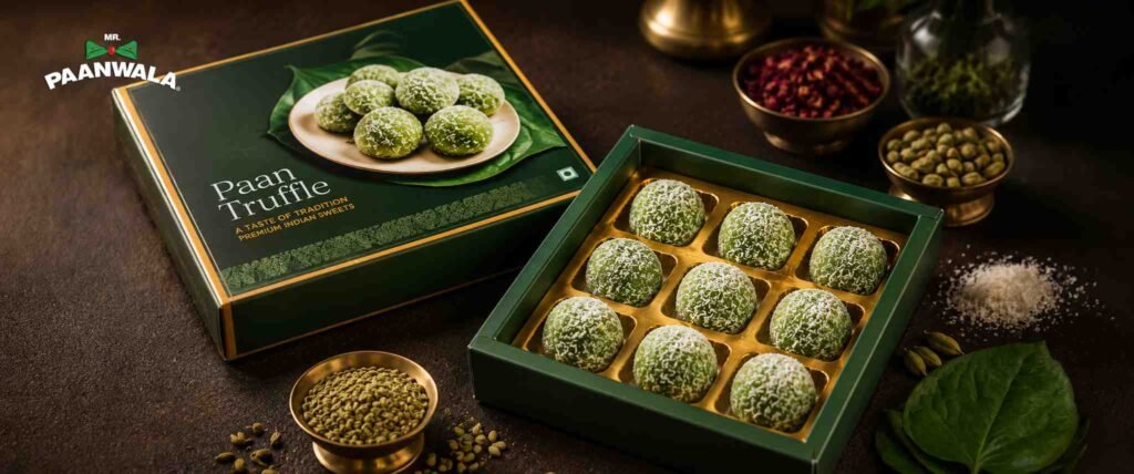 Box of green paan truffles with traditional Indian ingredients.