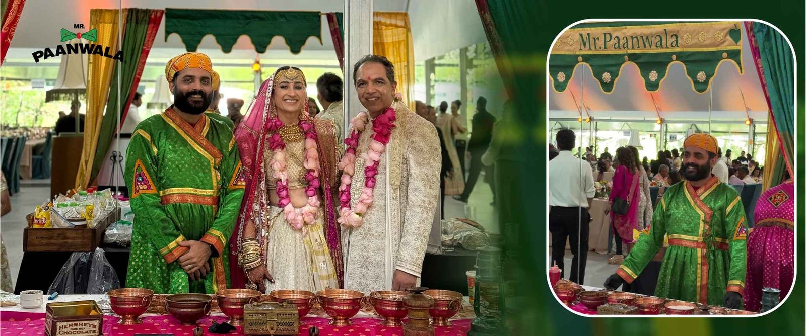 Mr.Paanwala paan station at a wedding featuring a couple and guests in traditional Indian attire