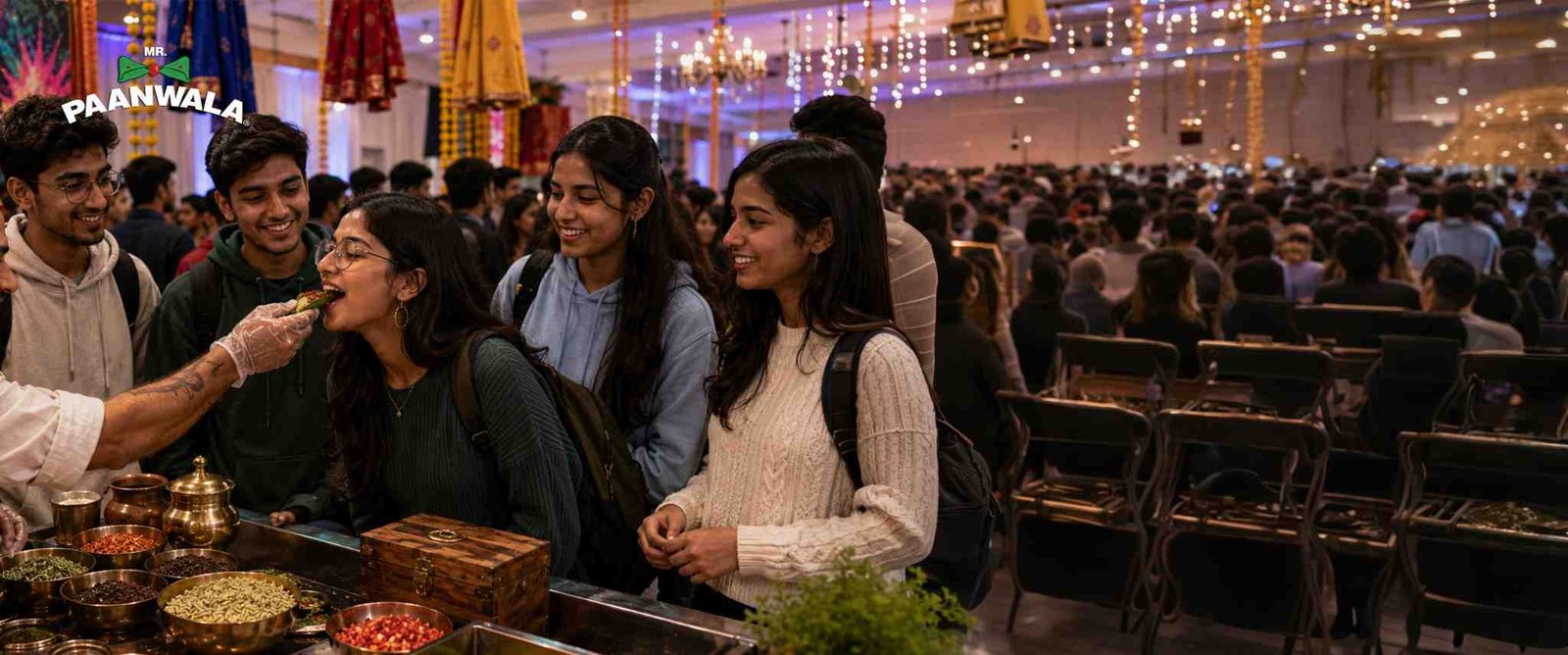 Students enjoying fresh paan at a lively college cultural event.