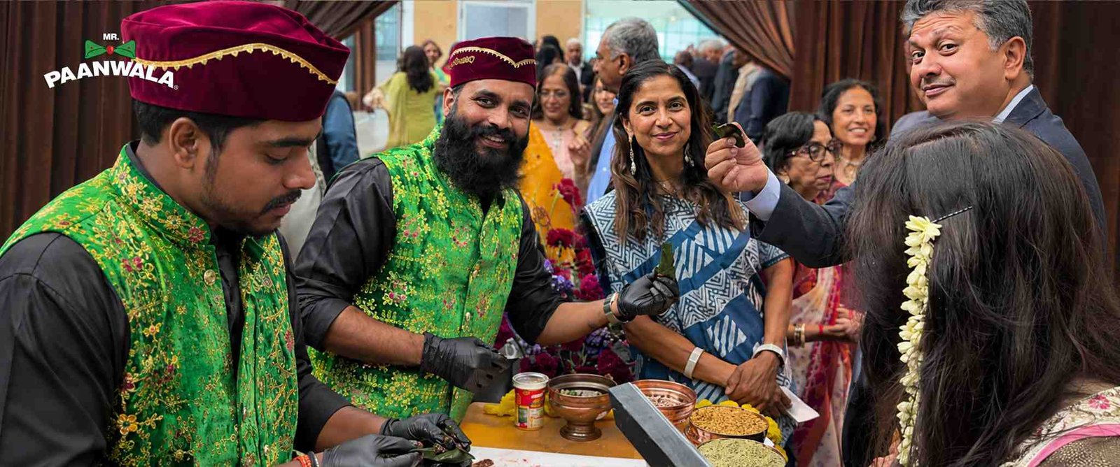 Live paan caterers serving fresh paan to guests at a vibrant cultural event.