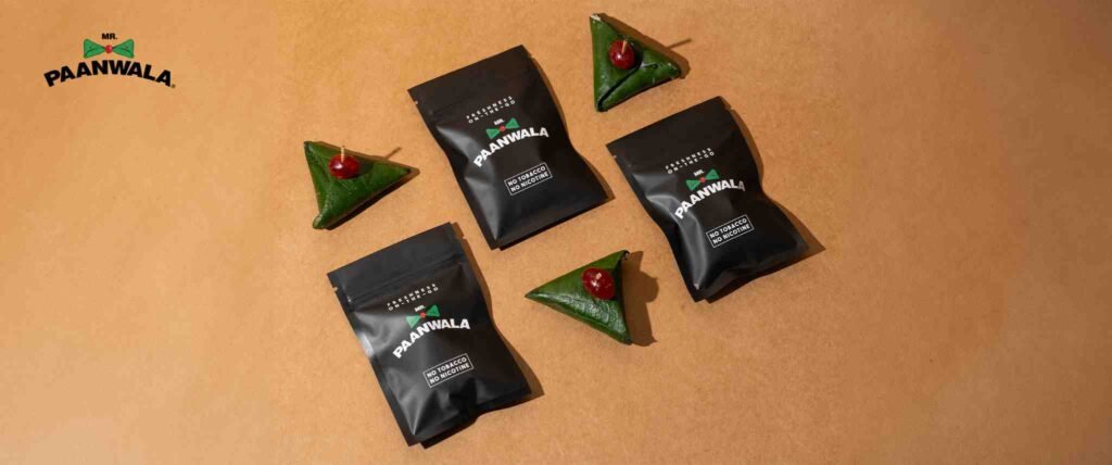 Packaged paan products and fresh paan servings for events.