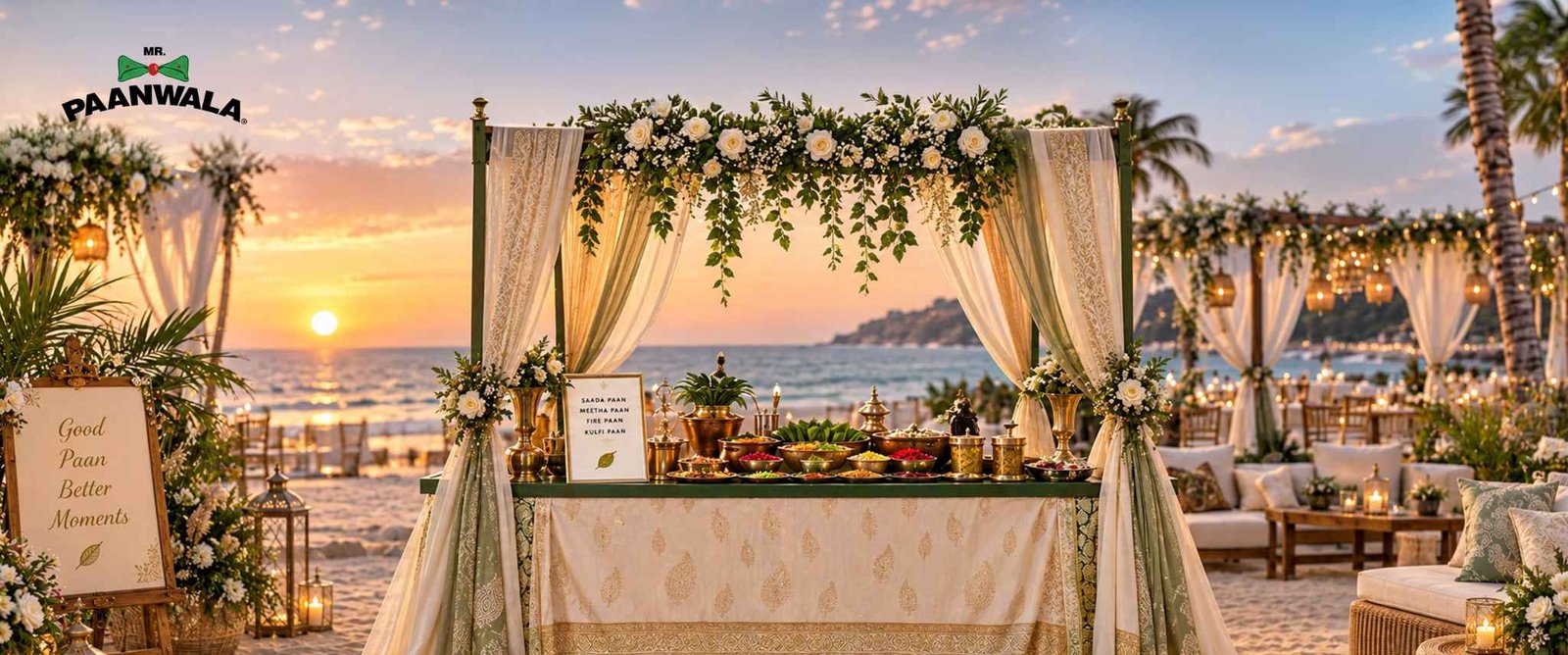 Mr. Paanwala paan counter at a beach wedding with floral decor and ocean views.