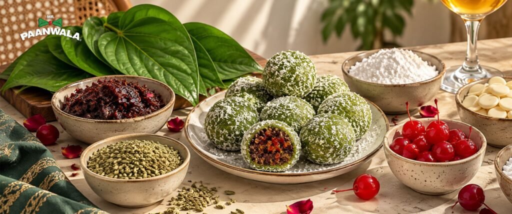 Paan truffles coated in coconut with betel leaves, fennel seeds, cherries, and traditional paan ingredients.