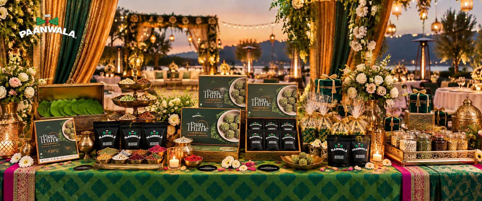 Mr. Paanwala paan and gift display at an elegant outdoor wedding event.