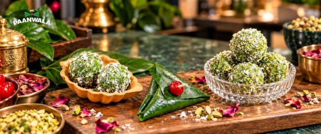 Paan truffles and traditional meetha paan displayed with betel leaves, coconut, cherries, pistachios, and rose petals.