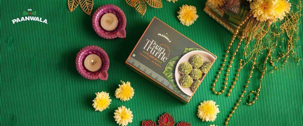 Mr. Paanwala Paan Truffle gift box arranged with festive Diwali decorations and candles.