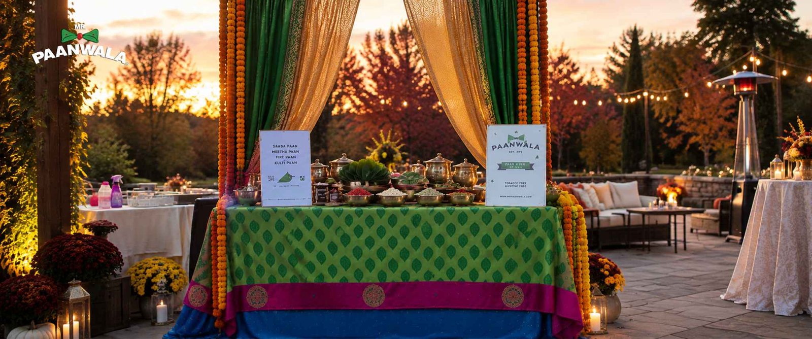 Mr. Paanwala paan counter at an outdoor fall event with festive Indian decor.