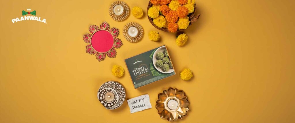 Mr.Paanwala Paan Truffle box with flowers and diyas for Diwali gifting.