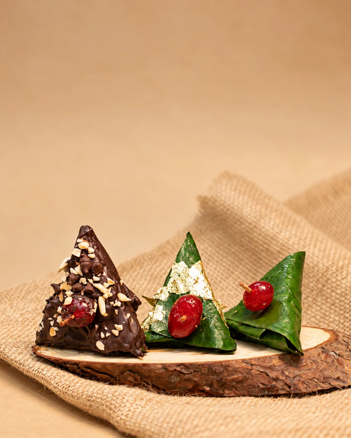 Chocolate and traditional paan served on a wooden board