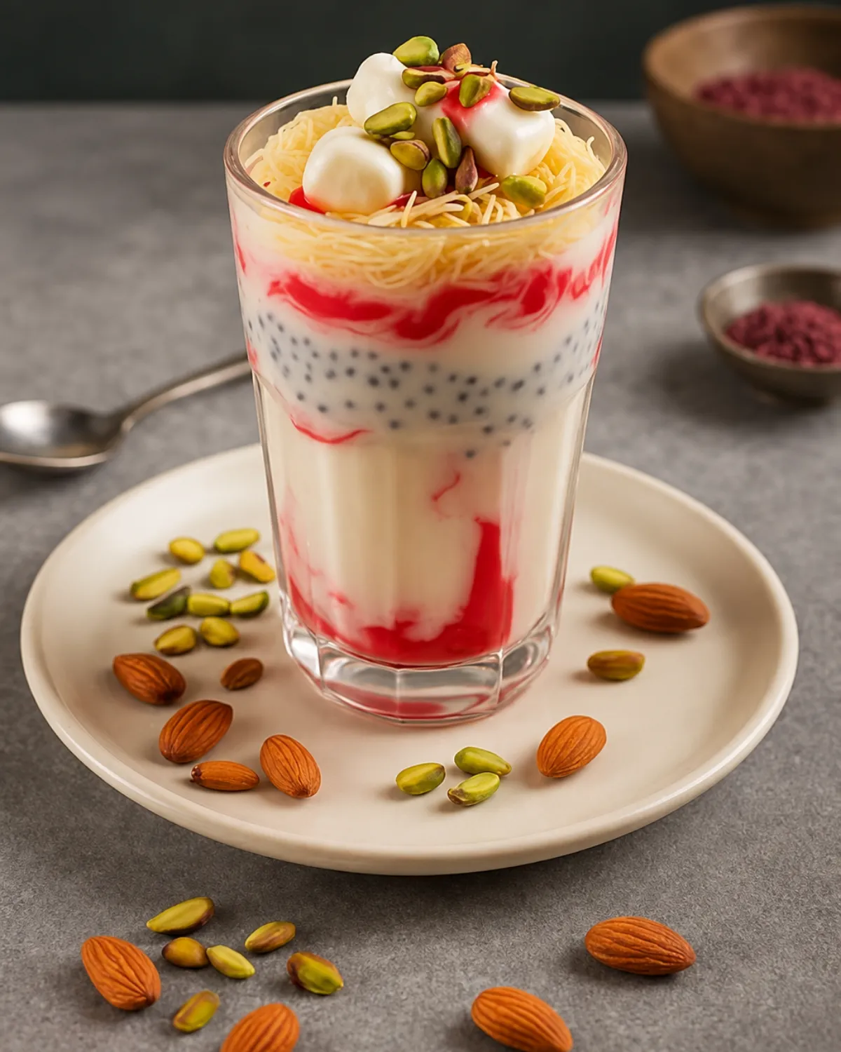 Falooda topped with pistachios and almonds