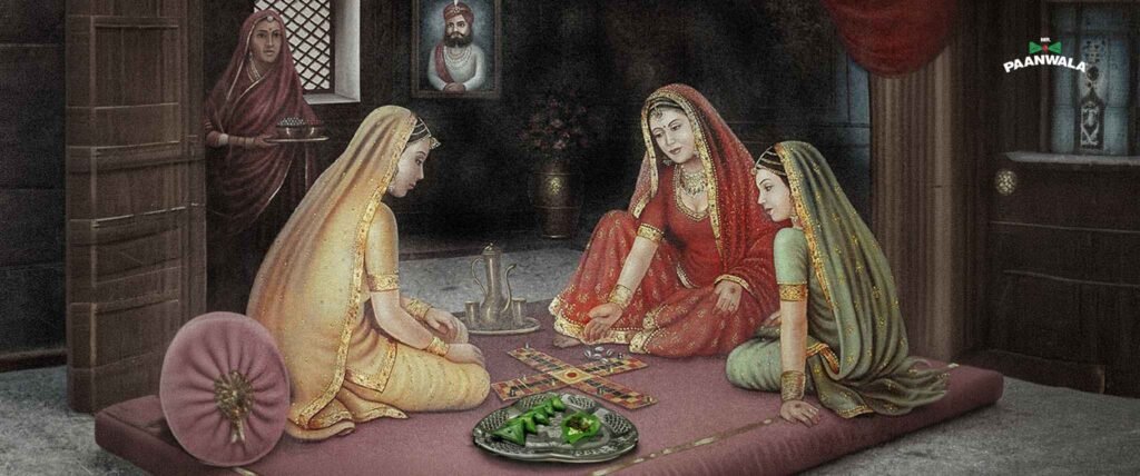 A traditional painting depicting royal women enjoying paan in a richly decorated historical setting.