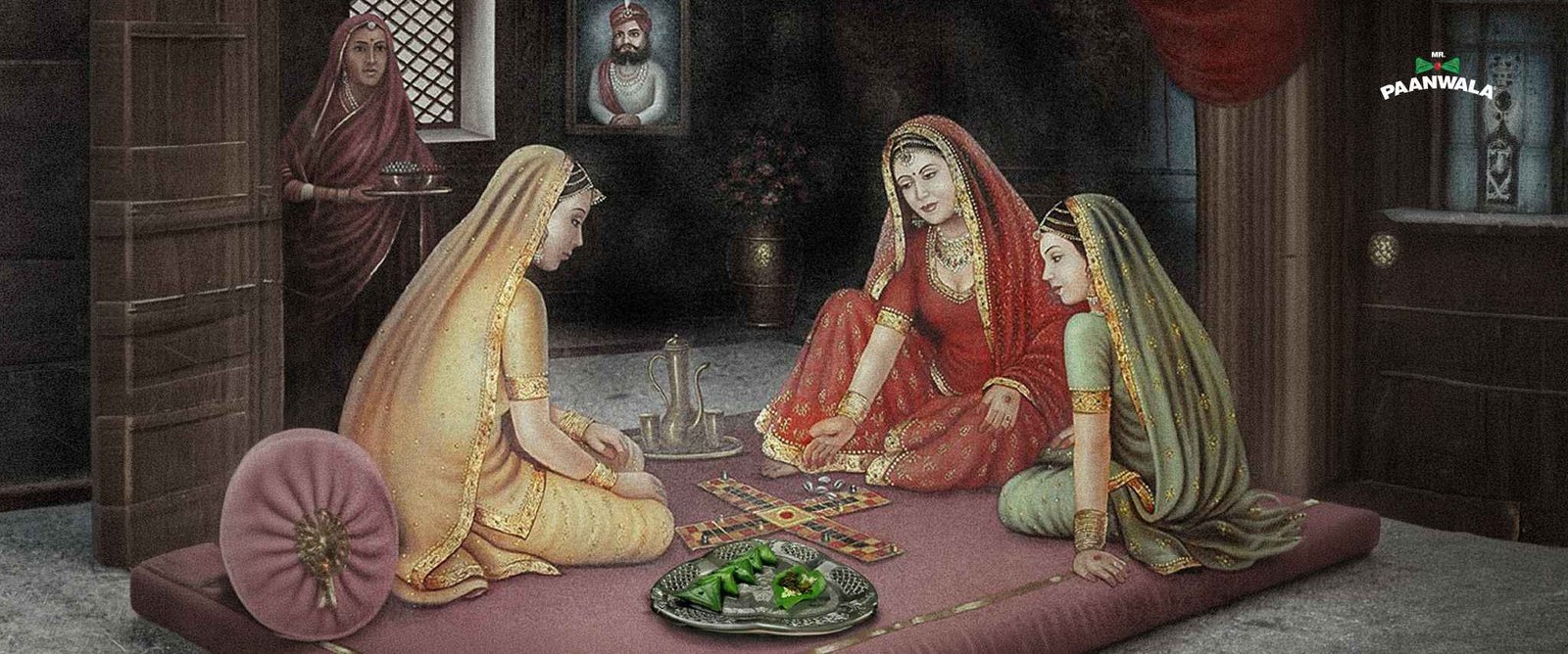 A traditional painting depicting royal women enjoying paan in a richly decorated historical setting.