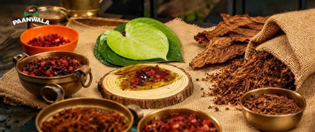 Mr.Paanwala paan leaf topped with sweet fillings, surrounded by traditional paan ingredients on a rustic burlap surface.